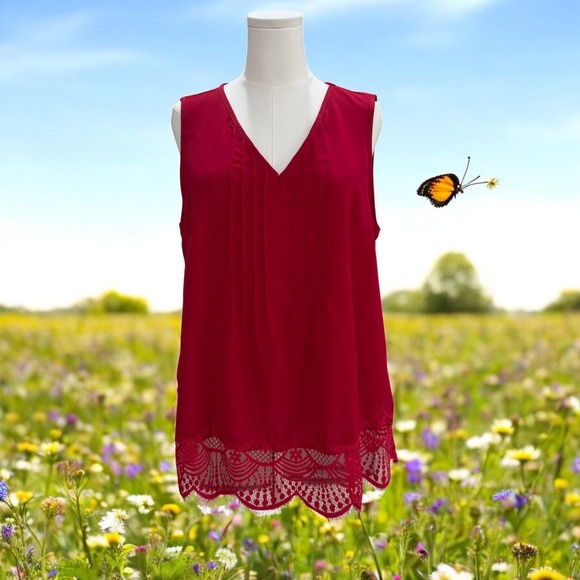 BloomChic Tops - Bloomchic Red V-Neck Pintuck Sleeveless Blouse Crochet Lace Hem Top US 12 Chic